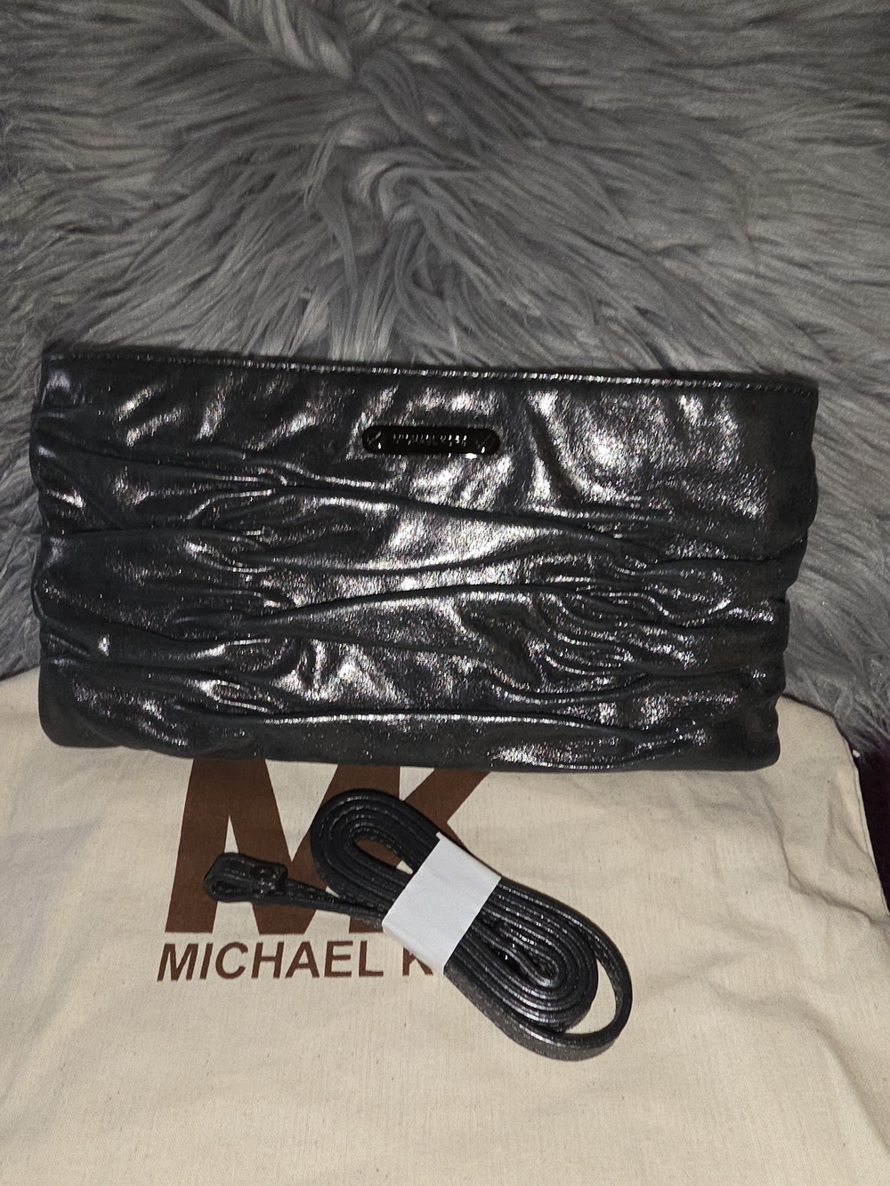 Michael Kors Black Leather Fold-Over Clutch with Strap